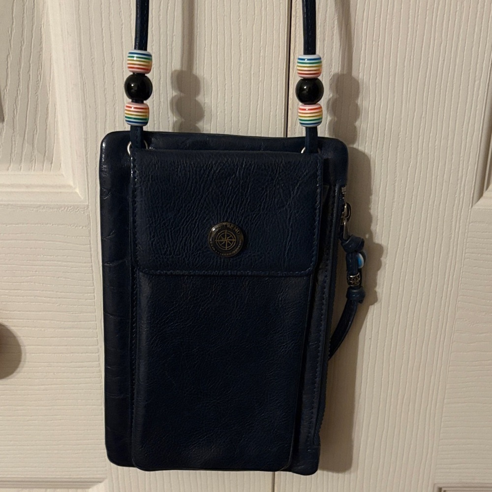 Navy Leather Bag with Beaded Strap